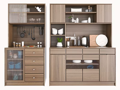 Modern Wooden Sideboard With Open Shelves Drawers Glass Doors And Dining Essentials 3d model