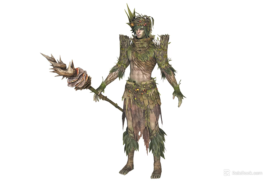 Game Movie Character in Leaf Covered Armor with Nature Inspired Staff and Forest Themed Costume 3d model 