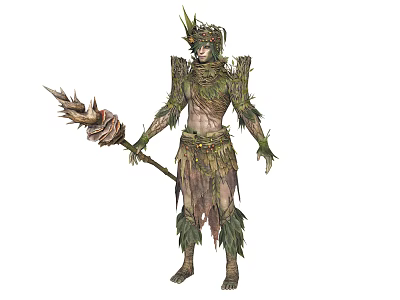 Game Movie Character in Leaf Covered Armor with Nature Inspired Staff and Forest Themed Costume 3d model
