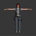 3D Female Character In Denim Workwear With Tool Belt White Sneakers Arms Outstretched