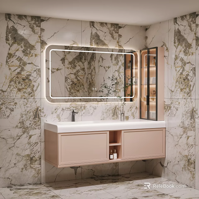 Bathroom Vanity With Marble Wall Backlit Mirror Pink Cabinet And Open Shelf 3d model 