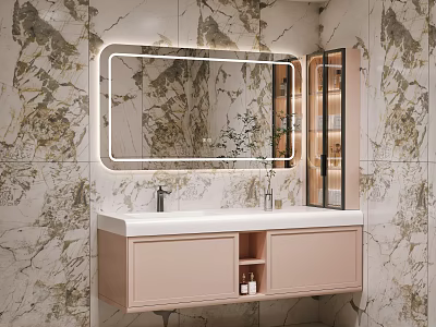Bathroom Vanity With Marble Wall Backlit Mirror Pink Cabinet And Open Shelf 3d model