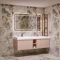 Bathroom Vanity With Marble Wall Backlit Mirror Pink Cabinet And Open Shelf