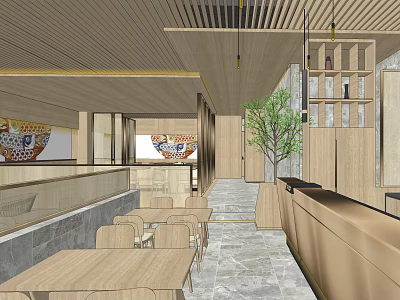 Modern Restaurant Interior With Wooden Ceiling Dining Tables Chairs And Green Plant 3d model