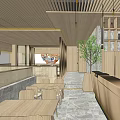 Modern Restaurant Interior With Wooden Ceiling Dining Tables Chairs And Green Plant