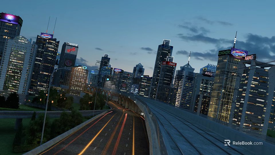 Modern Urban Road Infrastructure Featuring Illuminated Bridge And Night Traffic Lanes 3d model 