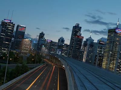 Modern Urban Road Infrastructure Featuring Illuminated Bridge And Night Traffic Lanes 3d model