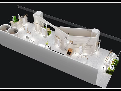 Modern Clothing Store Interior Design With Clothing Racks Display Areas And Plants 3d model