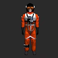 Man wearing orange astronaut suit with helmet silver gear white straps black gloves gray boots