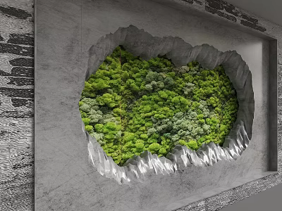 Gray Concrete Background Wall with Irregular Hole and Lush Green Forest Rocky Edge 3d model