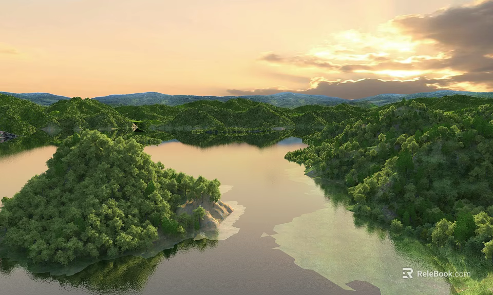 Scenic Landscape with Lake Lush Green Forest Distant Mountains and Sunset Sky 3d model 