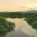 Scenic Landscape with Lake Lush Green Forest Distant Mountains and Sunset Sky
