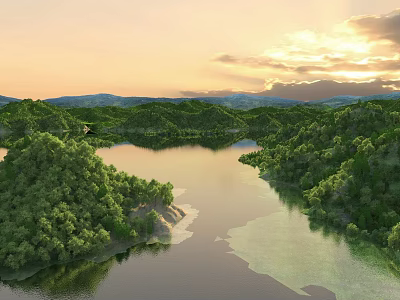 Scenic Landscape with Lake Lush Green Forest Distant Mountains and Sunset Sky 3d model