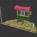 Bus Stop Featuring Red Awning Bench Stone Pavement Lamp Post With Sign And Trash Can