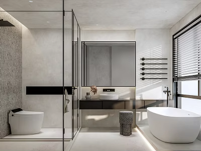Modern Bathroom Interior With Glass Shower Large Mirror Double Sink Vanity And Freestanding Bathtub 3d model