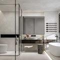 Modern Bathroom Interior With Glass Shower Large Mirror Double Sink Vanity And Freestanding Bathtub