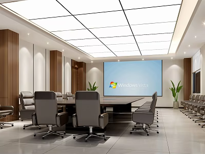 Modern Conference Room With Large Screen Microsoft Teams Display Wooden Decor Chairs And Green Plants 3d model