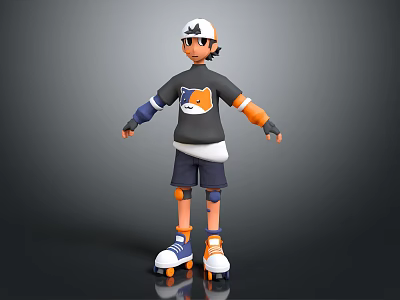 3D Character Boy In Rollerblades With Creature Graphic On Gray Orange Sportswear Outfit 3d model