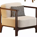Modern Leisure Chair With Beige Fabric Upholstery Dark Wooden Armrests And Striped Pillow