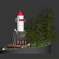 Miniature Coastal Landscape With Red White Lighthouse Rocky Cliff Wooden Cabin Pine Trees And Boat