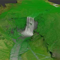 Stunning Green Valley Landscape With Waterfall Flowing River And Lush Grass