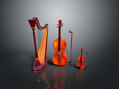 Classical Wooden String Musical Instruments Equipment Display With Harp Cello And Violin 3d model