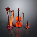 Classical Wooden String Musical Instruments Equipment Display With Harp Cello And Violin 3d model