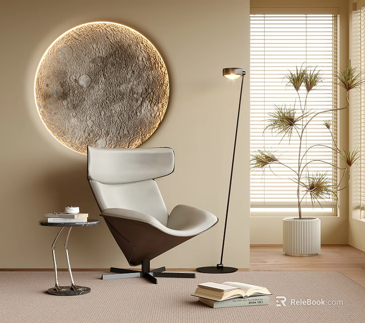 Modern Leisure Chair Living Room With Round Wall Decor Floor Lamp And Green Plant 3d model 