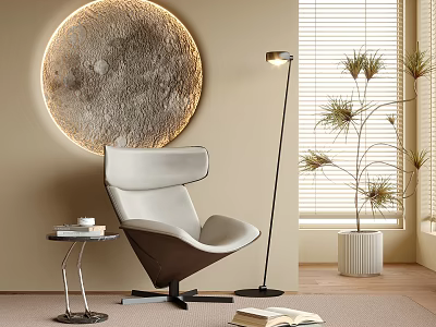 Modern Leisure Chair Living Room With Round Wall Decor Floor Lamp And Green Plant 3d model