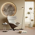 Modern Leisure Chair Living Room With Round Wall Decor Floor Lamp And Green Plant