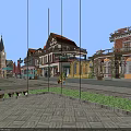 Scenic Commercial Street With European Style Buildings Outdoor Cafes And Greenery