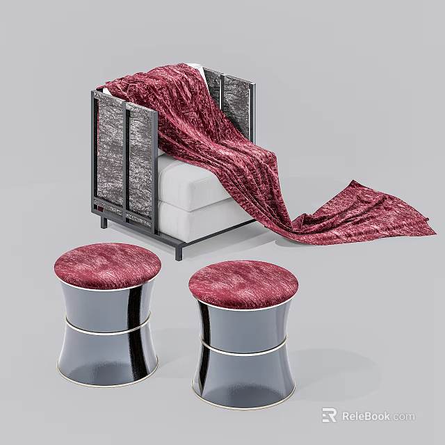 Modern Single Sofa With White Cushion Red Blanket And Two Red Metal Stools 3d model 
