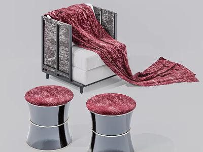 Modern Single Sofa With White Cushion Red Blanket And Two Red Metal Stools 3d model
