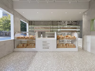 Modern Dessert Bakery Shop Interior With Cake Pastry Display Shelves Counter And Terrazzo Floor 3d model
