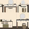Modern Minimalist Vanity Tables Interior With Various Mirrors Stools Storage And Cosmetics 3d model