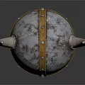 Medieval Horned Silver Weapon Helmet Featuring Golden Straps Rivets And Shiny Surface
