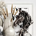 Decorative Ornament Set With Horse Head Sculpture Ceramic Vase Dried Pampas Grass And Headphone Stand