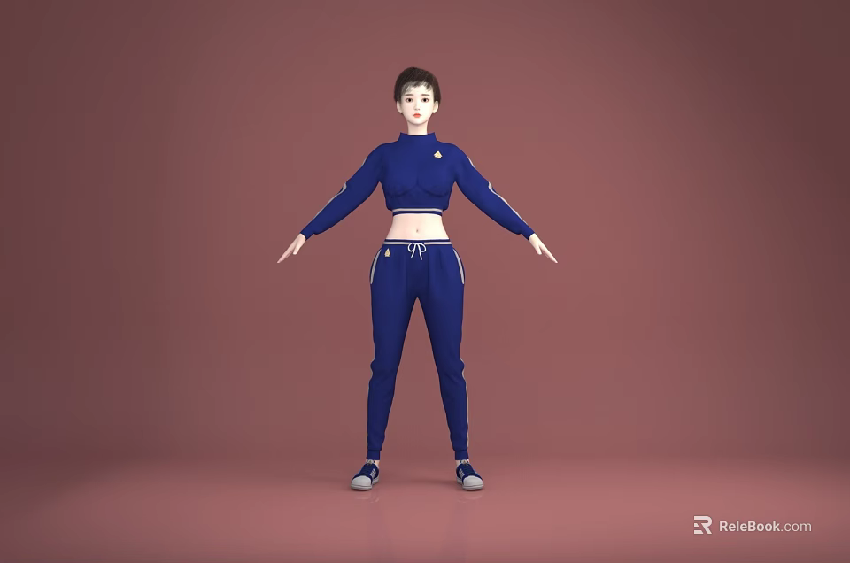 Sporty Woman Wearing Blue Tracksuit Standing Against Pink Background With Arms Outstretched 3d model 
