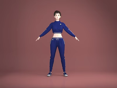 Sporty Woman Wearing Blue Tracksuit Standing Against Pink Background With Arms Outstretched 3d model