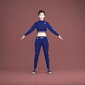 Sporty Woman Wearing Blue Tracksuit Standing Against Pink Background With Arms Outstretched
