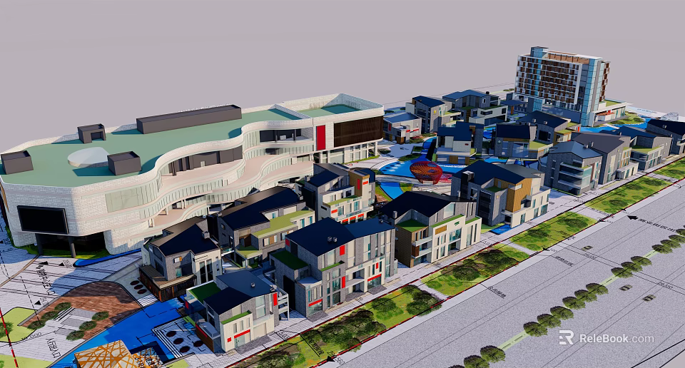 Modern Commercial Street With Traditional Style Buildings Greenery And Pedestrian Walkways 3d model 