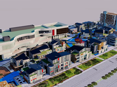 Modern Commercial Street With Traditional Style Buildings Greenery And Pedestrian Walkways 3d model