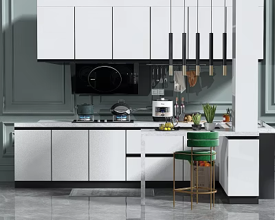 Modern Kitchen With White Cabinets Island Counter And Green Chairs 3d model