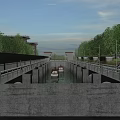 Roadside Infrastructure Featuring Water Channel Concrete Walls Guardrails and Boats with Trees