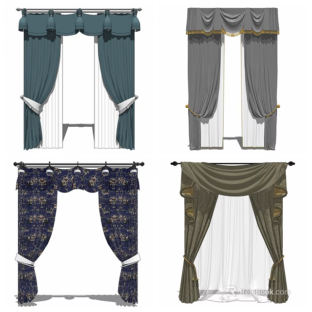 Various Style Curtains with Green Gray Navy Blue Patterns and Decorative Details 3d model