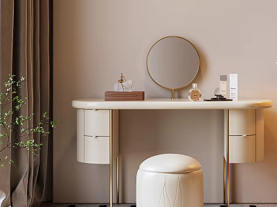 Modern Cream Dressing Table With Round Mirror Gold Legs Drawers And White Stool 3d model