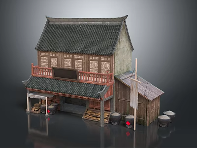 Traditional Chinese Two Story Shop Building With Tile Roof Wooden Balcony And Decorative Elements 3d model