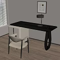 Modern Black Office Desk With Beige Chair Table Lamp Wall Art And Window Blinds