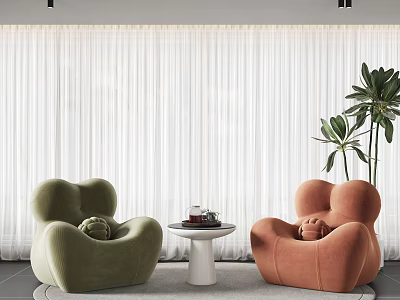 Green and Orange Velvet Accent Chairs With Small Round Table White Curtains And Potted Plant 3d model