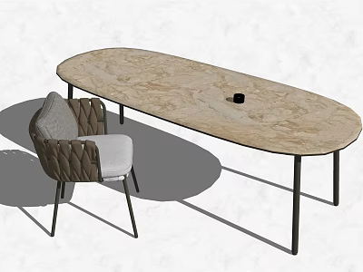 Modern Oval Marble Table And Chair Set With Black Slim Legs Textured Gray Padded Seat 3d model